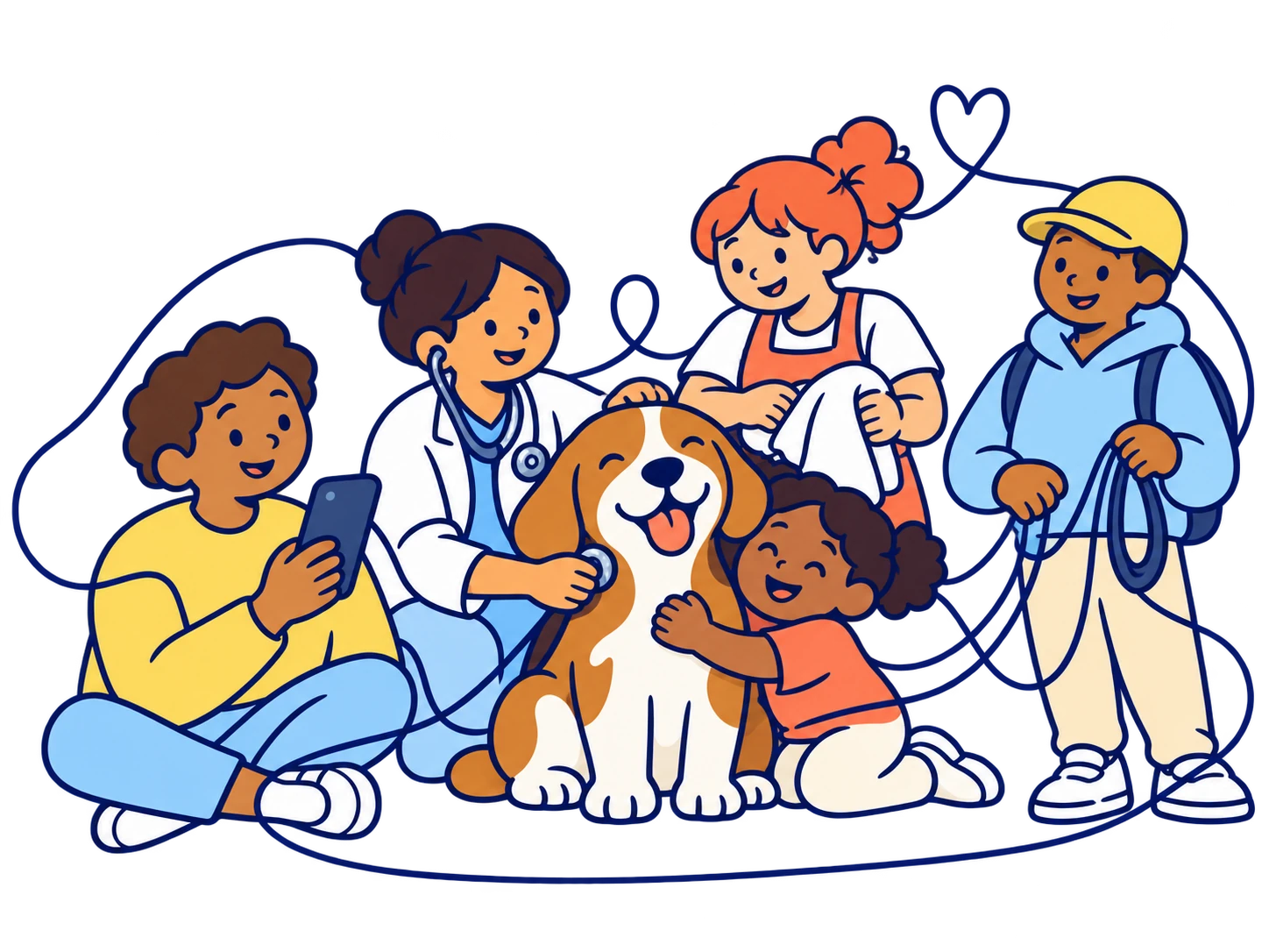 A beagle surrounded by the people who look after it, joined by one loose line.