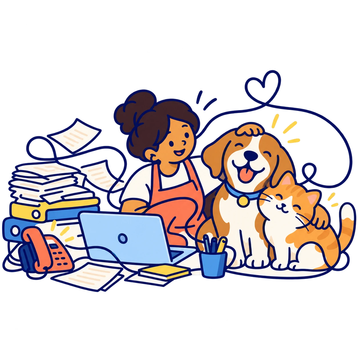 A provider with paperwork and a phone pushed aside, petting a happy dog and cat on the desk.