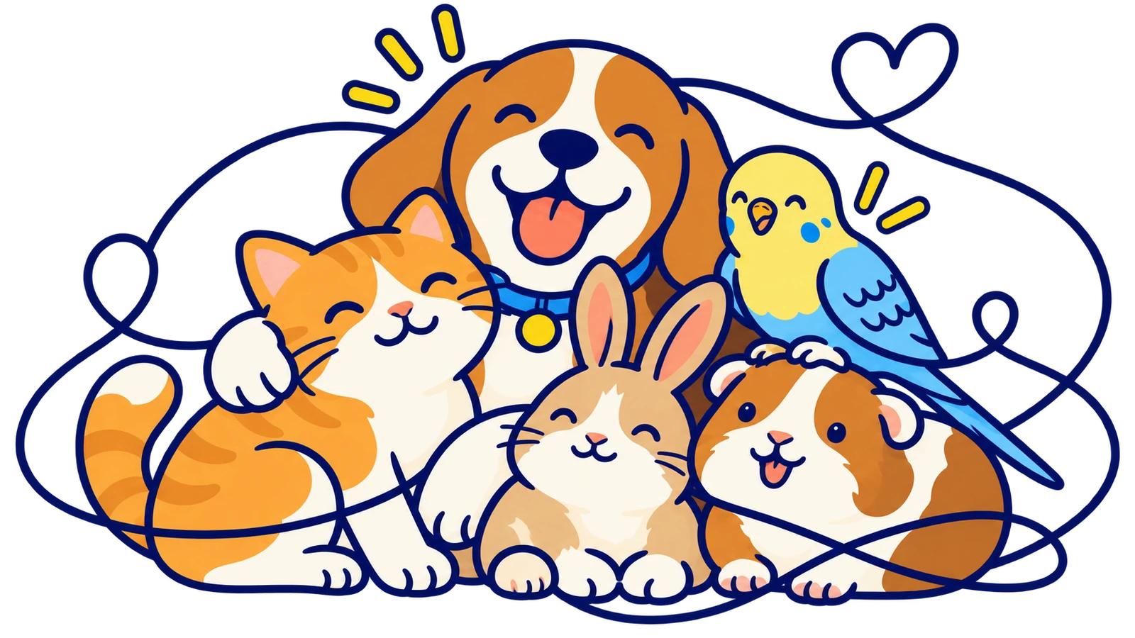 A dog, cat, rabbit, budgie and guinea pig in a happy pile, circled by one loose line.